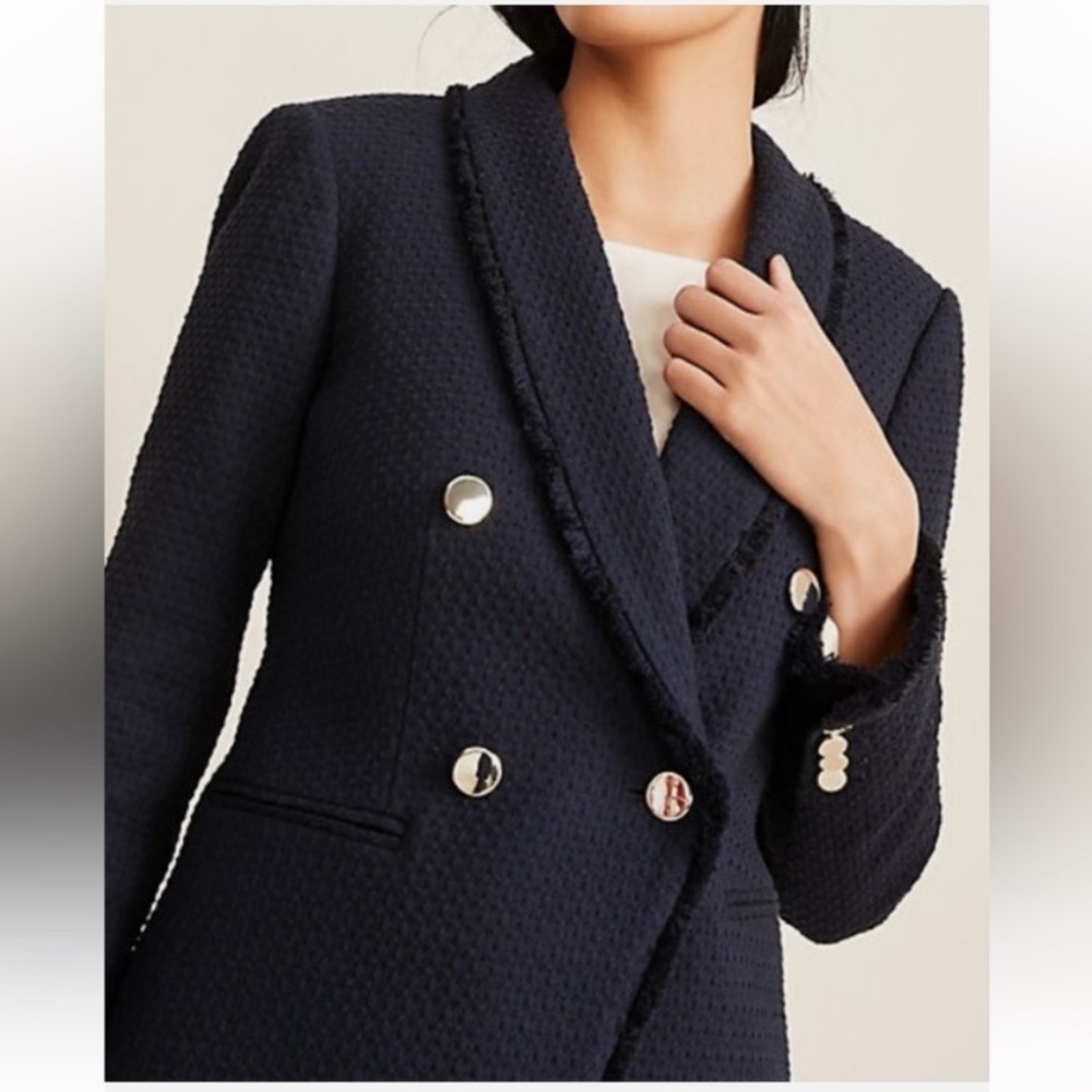 Ann Taylor Navy Tweed Double Breasted Blazer
Jacket Fringe Trim Career Chic Sz10